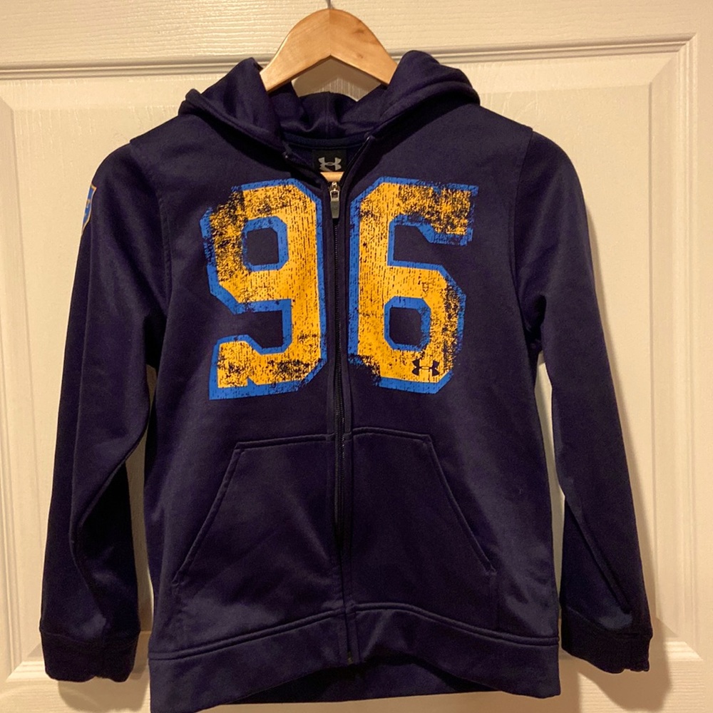 Under Armour Navy blue hooded zipper jacket. Size youth medium